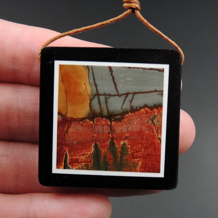 Intrinsic Trading Necklaces Intarsia Pendant Natural Red Creek Jasper W Black Onyx Inlay Side Drilled Square Pendant Multi Color Picasso Jasper Picture Frame P1472