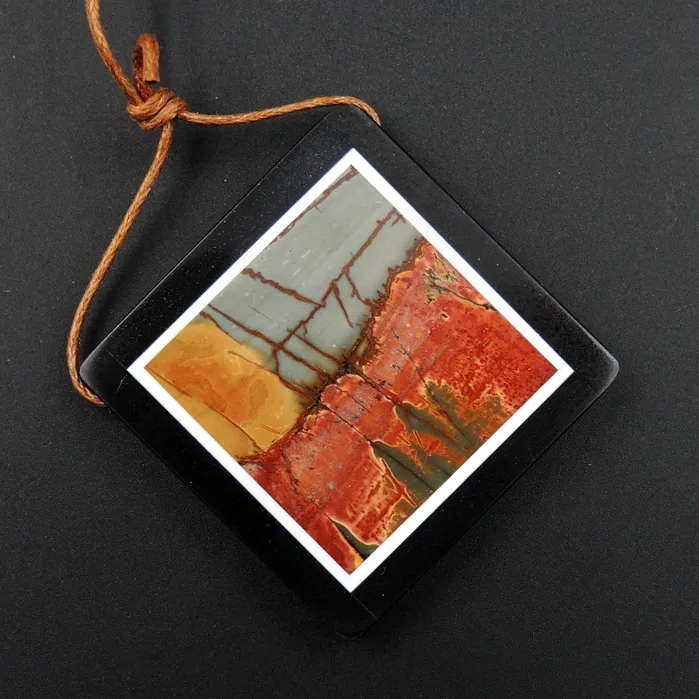 Intrinsic Trading Necklaces Intarsia Pendant Natural Red Creek Jasper W Black Onyx Inlay Side Drilled Square Pendant Multi Color Picasso Jasper Picture Frame P1472
