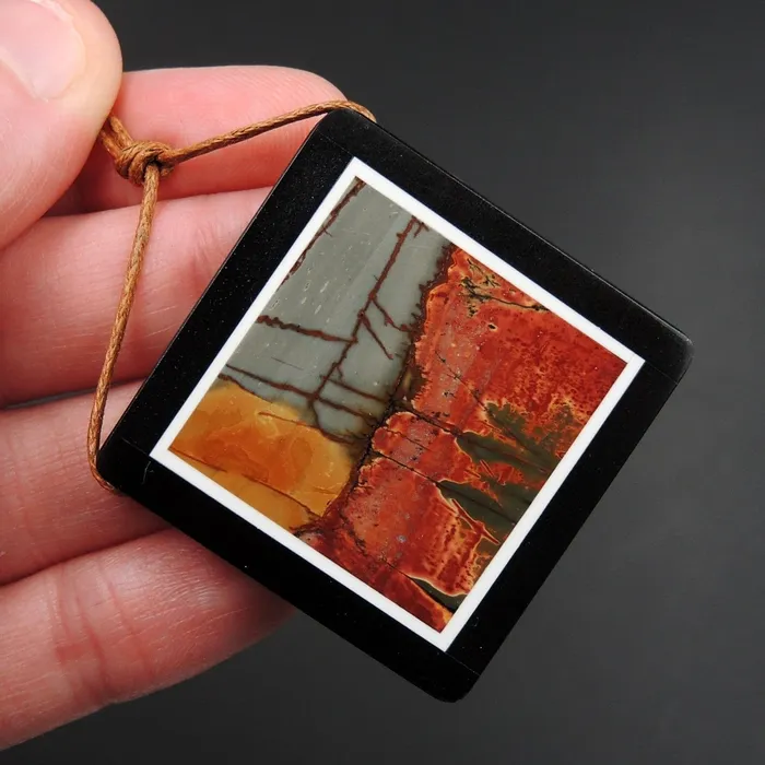 Intrinsic Trading Necklaces Intarsia Pendant Natural Red Creek Jasper W Black Onyx Inlay Side Drilled Square Pendant Multi Color Picasso Jasper Picture Frame P1472