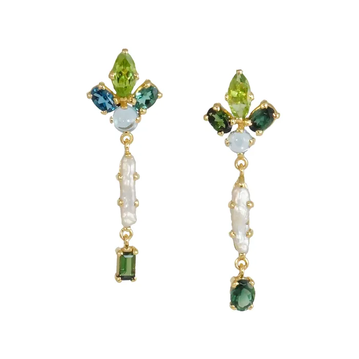 Q Evon Earrings 14k Gold Dangle Earrings with Stick Pearl and Gemstones