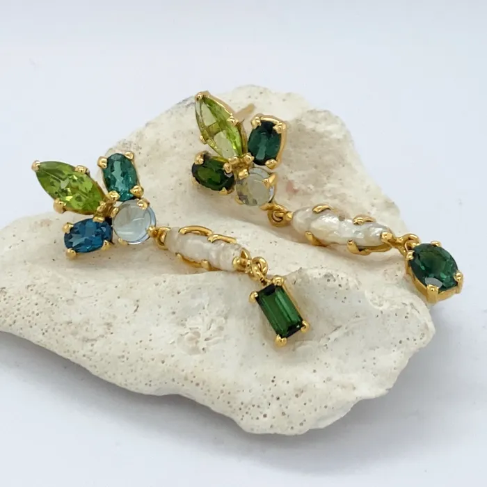Q Evon Earrings 14k Gold Dangle Earrings with Stick Pearl and Gemstones