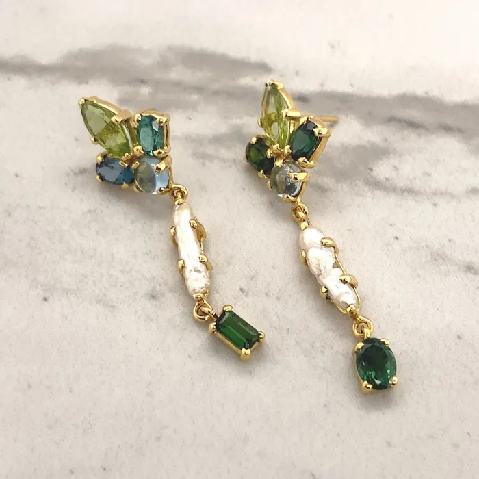 Q Evon Earrings 14k Gold Dangle Earrings with Stick Pearl and Gemstones