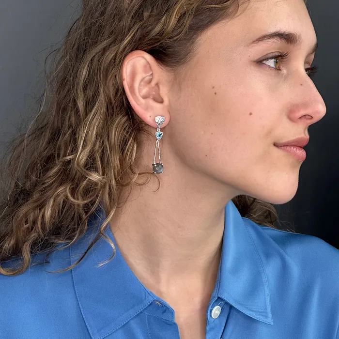 Q Evon Earrings Silver Triangle Drop Gray Moonstone Earrings