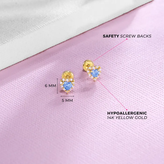 14k Gold Princess Heart CZ Kids Childrens Girls Earrings Safety Screw Back Baby Screw Back Earrings Earrings