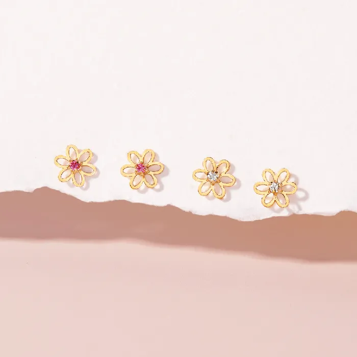 Earrings 14k Gold Open CZ Flower Baby Toddler Kids Earrings Safety Screw Back Baby Screw Back Earrings