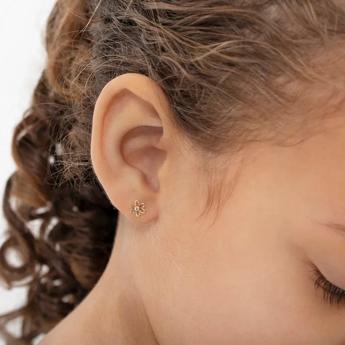 Earrings 14k Gold Open CZ Flower Baby Toddler Kids Earrings Safety Screw Back Baby Screw Back Earrings