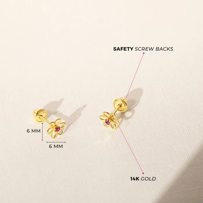 Earrings 14k Gold Open CZ Flower Baby Toddler Kids Earrings Safety Screw Back Baby Screw Back Earrings