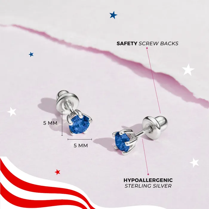 Earrings Split Classic CZ Birthstone Solitaire 4mm September Blue Sapphire Virgo Baby Toddler Kids Earrings Screw Back Sterling Silver