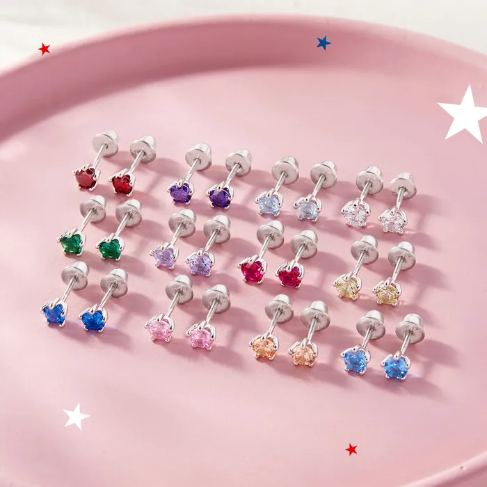 Earrings Split Classic CZ Birthstone Solitaire 4mm September Blue Sapphire Virgo Baby Toddler Kids Earrings Screw Back Sterling Silver