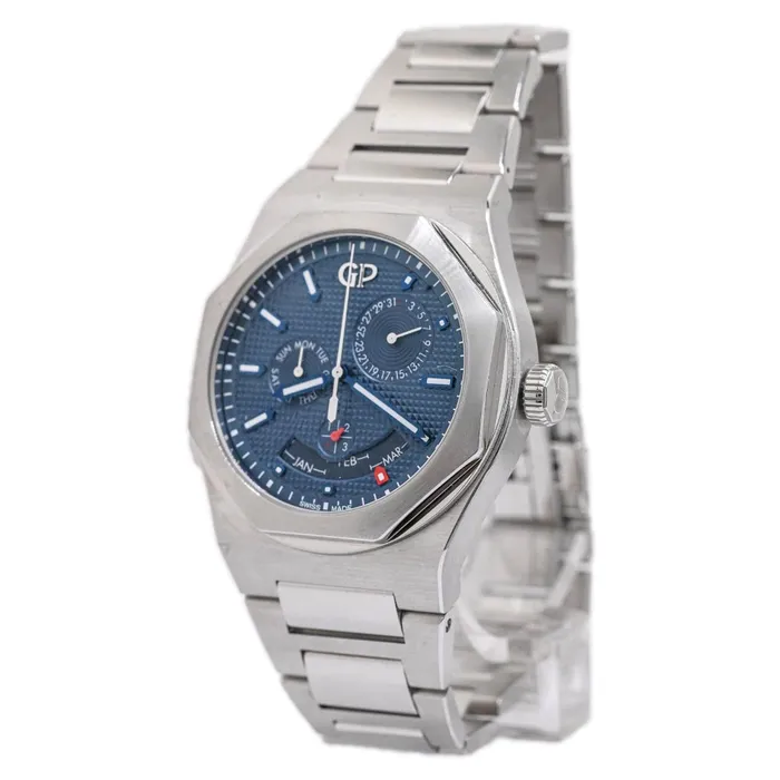 GirardPerregaux Mens LAUREATO PERPETUAL CALENDAR Stainless Steel 42mm Blue Stick Dial Watch Reference 810351143111A Happy Jewelers Bracelets