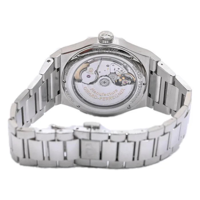 GirardPerregaux Mens LAUREATO PERPETUAL CALENDAR Stainless Steel 42mm Blue Stick Dial Watch Reference 810351143111A Happy Jewelers Bracelets