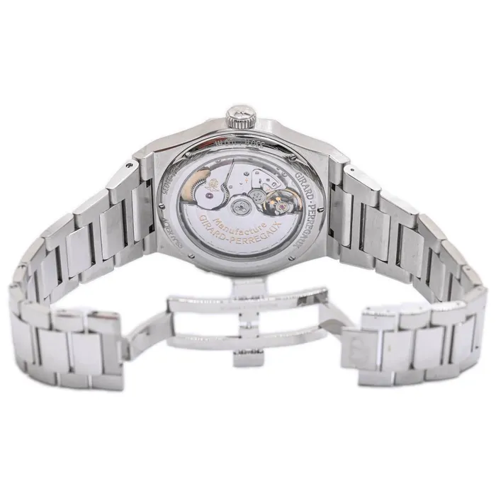 GirardPerregaux Mens LAUREATO PERPETUAL CALENDAR Stainless Steel 42mm Blue Stick Dial Watch Reference 810351143111A Happy Jewelers Bracelets