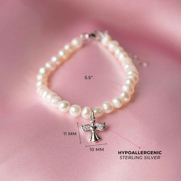Kids Pearl Bracelets Bracelets 55 CZ Guardian Angel Cultured Pearl Strand Baby Toddler Kids Bracelet Extension Sterling Silver