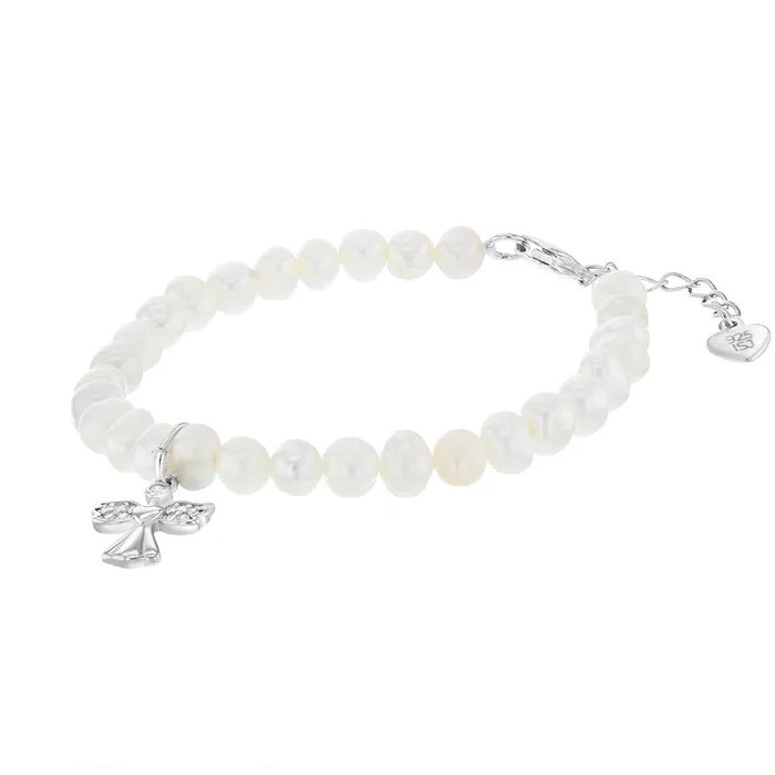 Kids Pearl Bracelets Bracelets 55 CZ Guardian Angel Cultured Pearl Strand Baby Toddler Kids Bracelet Extension Sterling Silver