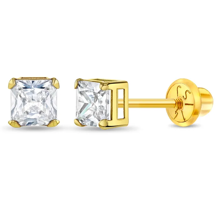 Kids Screw Back Earrings Earrings 14k Gold Square Prong Set Kids Childrens Girls Earrings Safety Screw Back Kids Screw Back Earrings Earrings 14k Gold Square Prong Set Kids Childrens Girls Earrings Safety Screw Back