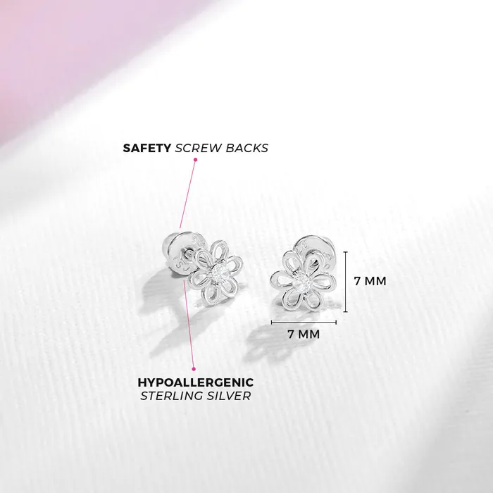 Kids Screw Back Earrings Spring Cubic Zirconia Flower Baby Toddler Kids Earrings Screw Back Sterling Silver Earrings