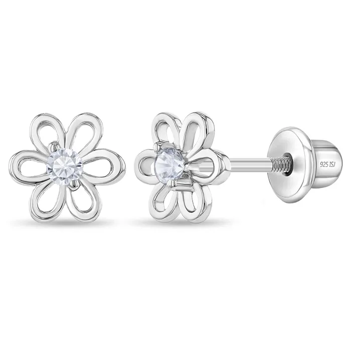 Kids Screw Back Earrings Spring Cubic Zirconia Flower Baby Toddler Kids Earrings Screw Back Sterling Silver Earrings