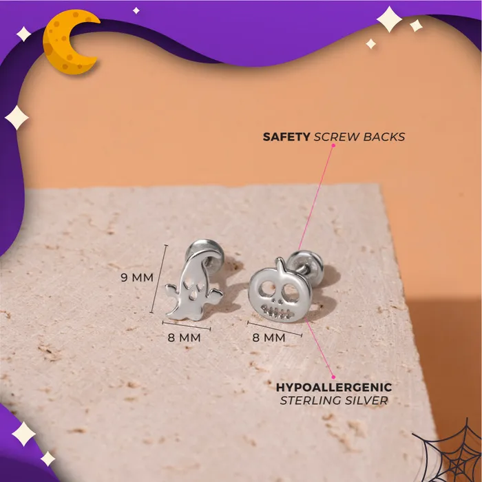 PPLRHIDDENPRODUCT Earrings Spooky Pals Kids Childrens Girls Earrings Screw Back Sterling Silver