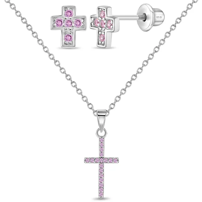Rings Kids Jewelry Sets 925 Sterling Silver Young Girls Shiny Pink Cubic Zirconia Religious Cross Jewelry Set Rings Kids Jewelry Sets 925 Sterling Silver Young Girls Shiny Pink Cubic Zirconia Religious Cross Jewelry Set
