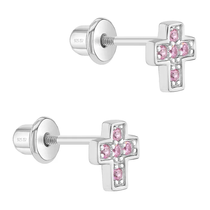 Rings Kids Jewelry Sets 925 Sterling Silver Young Girls Shiny Pink Cubic Zirconia Religious Cross Jewelry Set