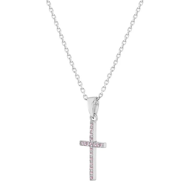 Rings Kids Jewelry Sets 925 Sterling Silver Young Girls Shiny Pink Cubic Zirconia Religious Cross Jewelry Set