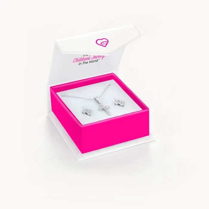 Rings Kids Jewelry Sets 925 Sterling Silver Young Girls Shiny Pink Cubic Zirconia Religious Cross Jewelry Set