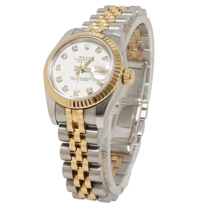 Rolex Datejust Two Tone Yellow Gold Steel 26mm White Factory Diamond Dial Watch Reference 179173 Happy Jewelers Rings