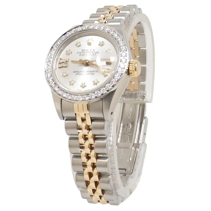Rolex Datejust Yellow Gold Steel 26m Silver Diamond Dial Watch Reference 69173 Happy Jewelers Earrings