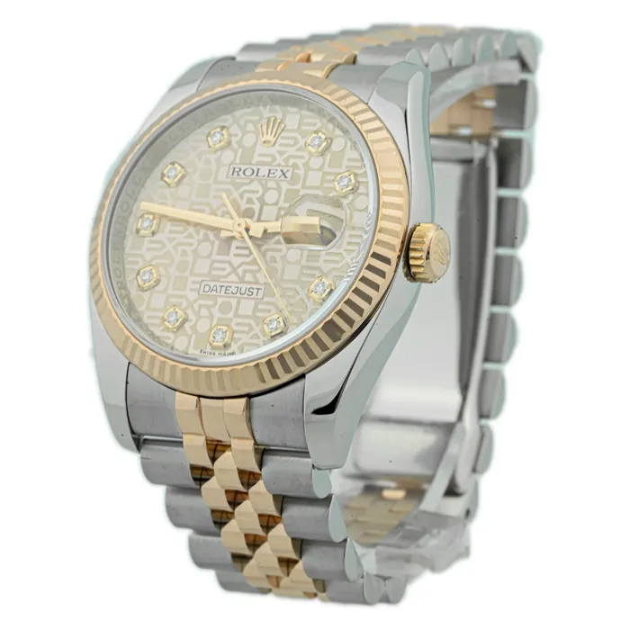 Rolex Unisex Datejust 18K Rose Gold Steel 36mm Pink Rolex Print Diamond Dial Watch Reference 116231 Happy Jewelers Earrings