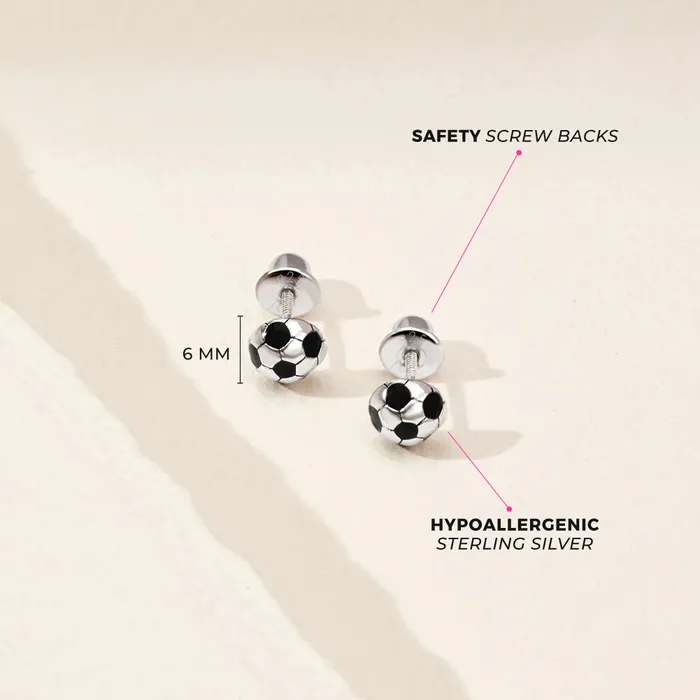 Soccer Ball Kids Childrens Girls Earrings Screw Back Enamel Sterling Silver Kids Screw Back Earrings Earrings