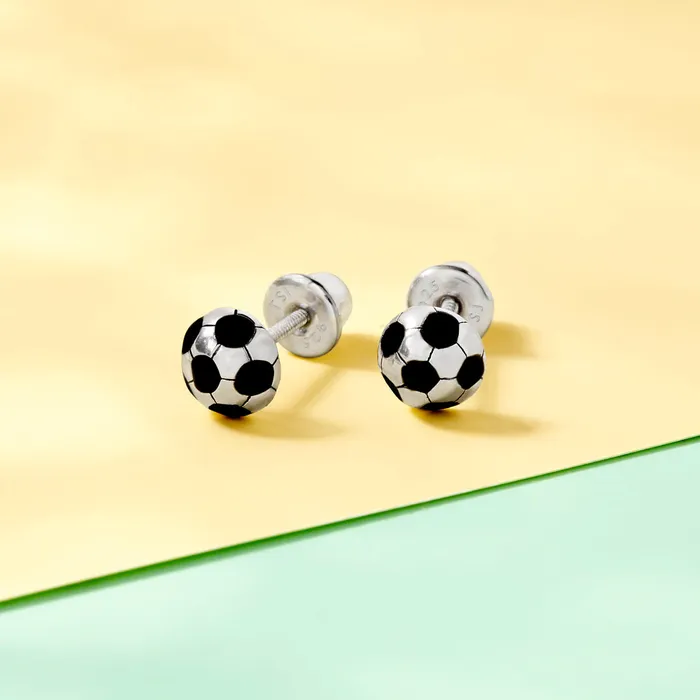 Soccer Ball Kids Childrens Girls Earrings Screw Back Enamel Sterling Silver Kids Screw Back Earrings Earrings