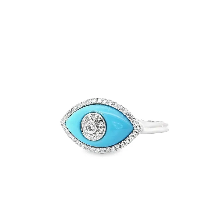 14kt White Gold Turquoise Diamond Evil Eye Ring Classic Creations Rings