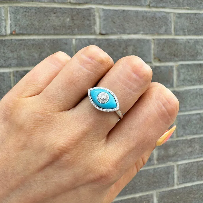 14kt White Gold Turquoise Diamond Evil Eye Ring Classic Creations Rings