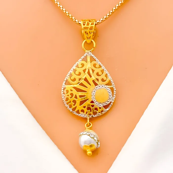 Andaaz Jewelers Earrings Ornate Vintage Drop 22k Gold CZ Pearl Pendant Set Andaaz Jewelers Earrings Ornate Vintage Drop 22k Gold CZ Pearl Pendant Set