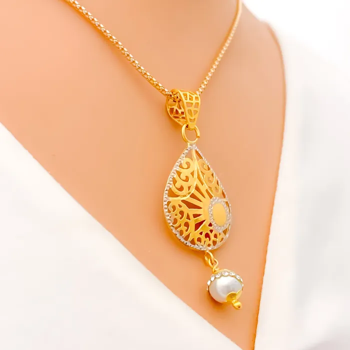 Andaaz Jewelers Earrings Ornate Vintage Drop 22k Gold CZ Pearl Pendant Set