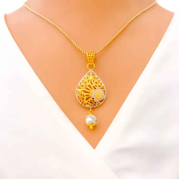 Andaaz Jewelers Earrings Ornate Vintage Drop 22k Gold CZ Pearl Pendant Set