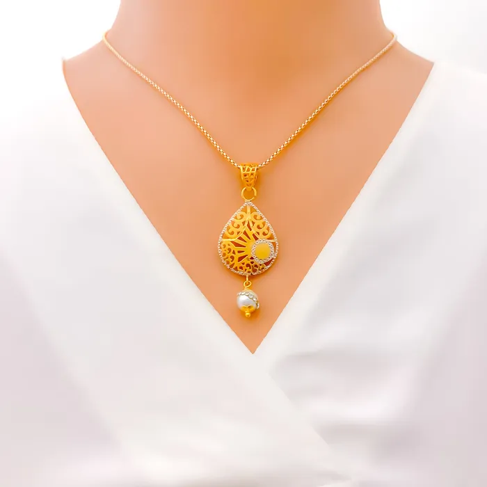 Andaaz Jewelers Earrings Ornate Vintage Drop 22k Gold CZ Pearl Pendant Set