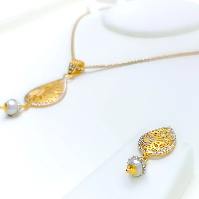 Andaaz Jewelers Earrings Ornate Vintage Drop 22k Gold CZ Pearl Pendant Set