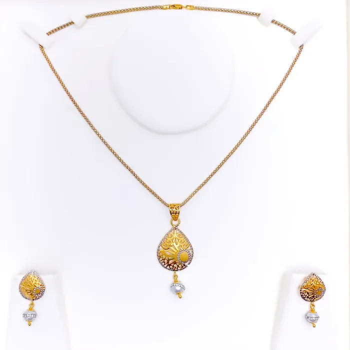 Andaaz Jewelers Earrings Ornate Vintage Drop 22k Gold CZ Pearl Pendant Set