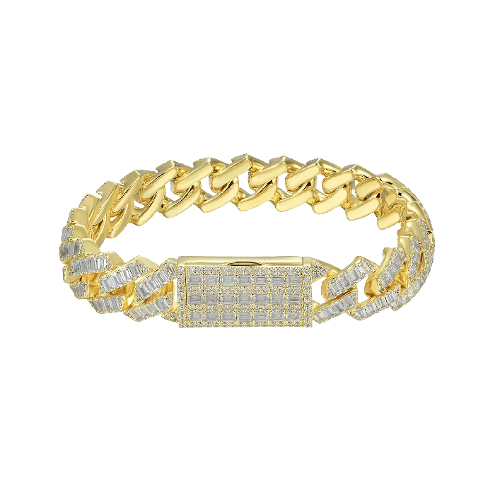 aporro Bracelets Yellow Gold Emerald Cut Prong Cuban Link Bracelet 12mm