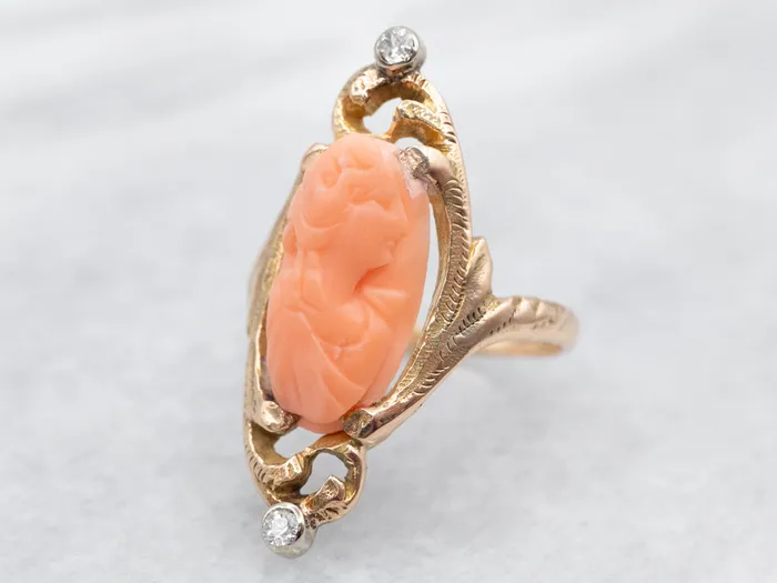 Art Nouveau Coral Cameo and Diamond Dinner Ring Market Square Jewelers Rings Art Nouveau Coral Cameo and Diamond Dinner Ring Market Square Jewelers Rings