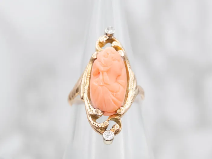 Art Nouveau Coral Cameo and Diamond Dinner Ring Market Square Jewelers Rings Art Nouveau Coral Cameo and Diamond Dinner Ring Market Square Jewelers Rings