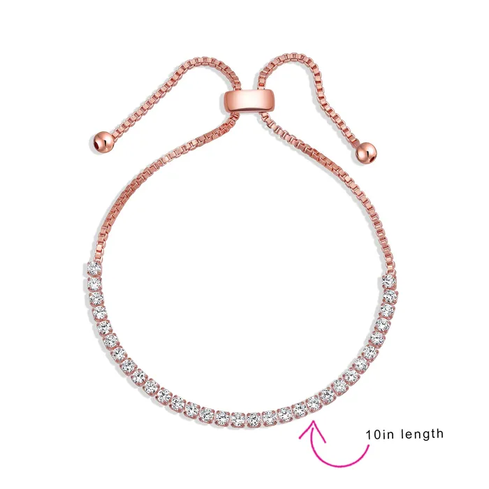 BlingJewelry Wholesale Bracelets Bridal CZ Slide Bolo Style Tennis Bracelet in Rose Gold or Silver Plated Brass