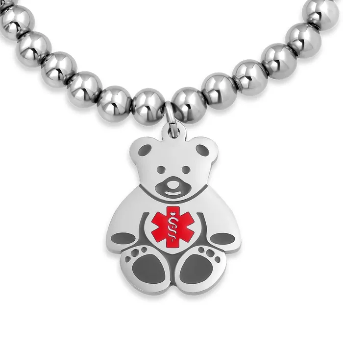 BlingJewelry Wholesale Bracelets Medical ID Bracelet with Teddy Bear Charm and Silver Tone Beads