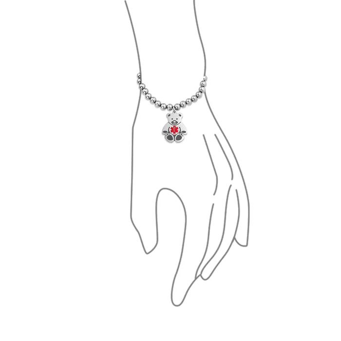 BlingJewelry Wholesale Bracelets Medical ID Bracelet with Teddy Bear Charm and Silver Tone Beads