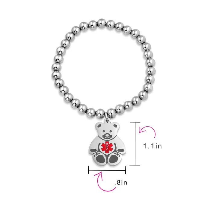 BlingJewelry Wholesale Bracelets Medical ID Bracelet with Teddy Bear Charm and Silver Tone Beads