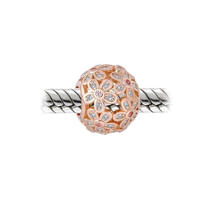 BlingJewelry Wholesale Bracelets Round Clear Floral CZ Bouquet Charm Bead Rose Gold for European Bracelet BlingJewelry Wholesale Bracelets Round Clear Floral CZ Bouquet Charm Bead Rose Gold for European Bracelet