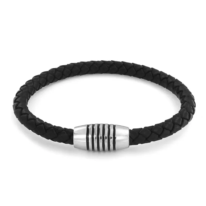 BlingJewelry Wholesale Bracelets Unisex Black Woven Leather Cuff Bracelet with Stainless Barrel Clasp for Men
