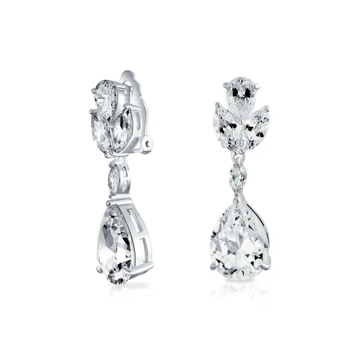 BlingJewelry Wholesale Earrings Bridal CZ Teardrop Dangle ClipOn Earrings for Prom Silver Plated Brass BlingJewelry Wholesale Earrings Bridal CZ Teardrop Dangle ClipOn Earrings for Prom Silver Plated Brass