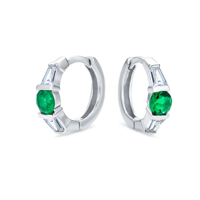 BlingJewelry Wholesale Earrings Classic Dainty Green White CZ Hoop Earrings with Baguette Solitaire Sterling Silver BlingJewelry Wholesale Earrings Classic Dainty Green White CZ Hoop Earrings with Baguette Solitaire Sterling Silver